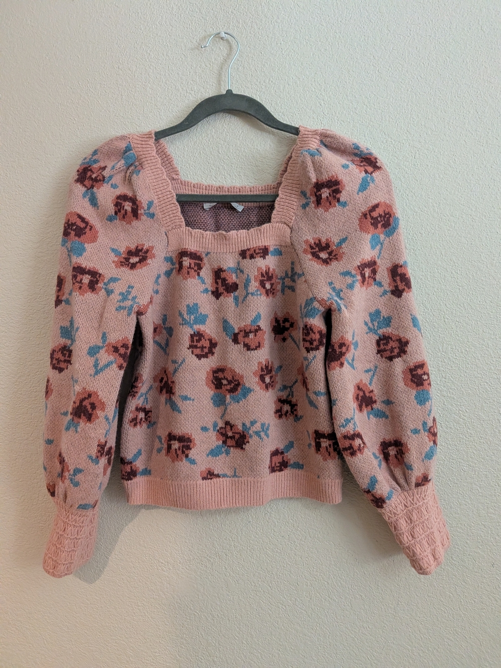 Pink Floral Square-Neck Puff Sleeve Sweater